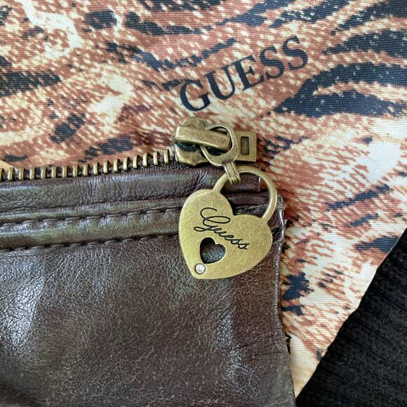 Guess Y2K Chocolate Brown Leather Jacket | Heart Zip Tiger Satin Lining Bomber - Picture 12 of 16